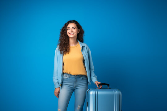 Young pretty brunette girl over isolated colorful background holding a suitcase