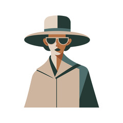 An elegant woman with short hair wearing a hat and glasses is wearing a raincoat. Front view.