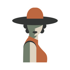 An elegant woman with no face and curly hair wears an orange hat.