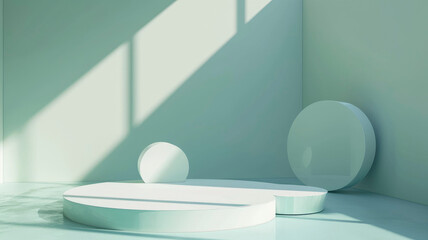 empty clean podium in a minimalist style, light green in the background with abstract shapes and shadows