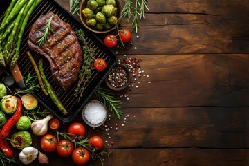 Top view of an iron grill with a beef steak, aromatic herbs and garlic surrounded by vegetables