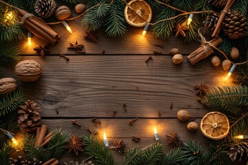 Top view of some pine twigs, Christmas lights, star anise, almonds and nuts, dried oranges, cinnamon sticks, pine cones on a rustic wooden table. 