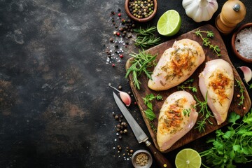 Top view of two chicken breasts on a cutting board surrounded by various ingredients for seasoning like garlic, some aromatic herbs - obrazy, fototapety, plakaty