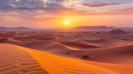 Fototapeta na wymiar A photo of the Sahara Desert, with endless sand dunes as the background, during a dramatic sunrise