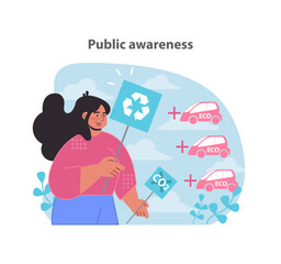 Elevating eco-awareness. A creative portrayal of public engagement in electric car adoption and the positive environmental ripple effect. Flat vector illustration.