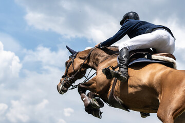 Equestrian Sports photo-themed: Horse jumping, Show Jumping, Horse riding. Jockey competing in...