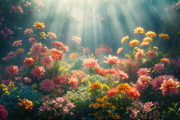 Fototapeta na wymiar Flowers in the fantasy garden. God rays. Background image. Created with Generative AI technology