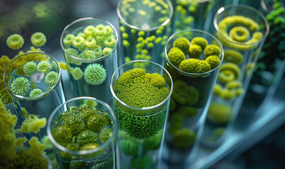 Vessels with samples of different species of moss  - obrazy, fototapety, plakaty