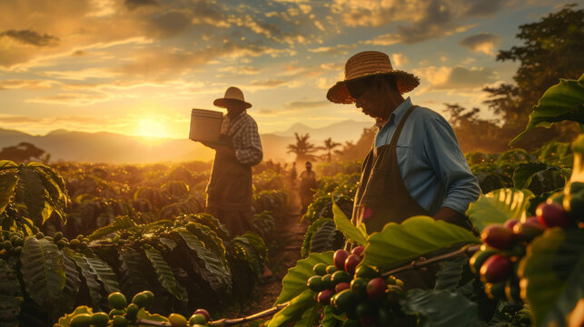 brazilian farmer workers working at coffee plantation fields harvesting beans. vintage clothing with straw hats. beautiful sunrise in morning. pc desktop wallpaper background