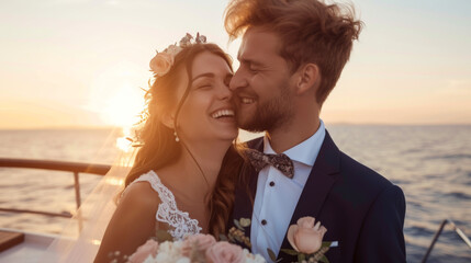 bride and groom wearing suit and wedding dress on the yacht at the sea smiling laughing and...