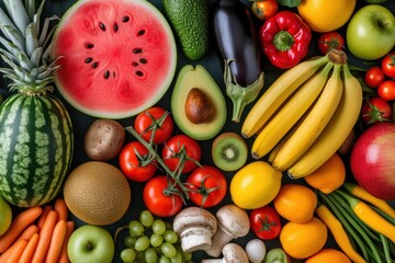Top view of various kinds of multicolored fruits and vegetables background. 