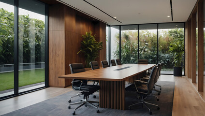 A contemporary meeting conference room in a modern office environment, showcasing wooden wall decor, beautiful office furniture, and a garden view framed by large window panes.