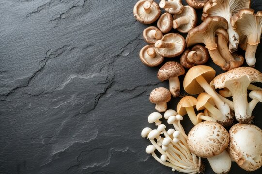 Top view of various kinds of edible mushrooms like champignon, shiitake mushroom, porcini mushroom, oyster mushroom, portobello mushroom