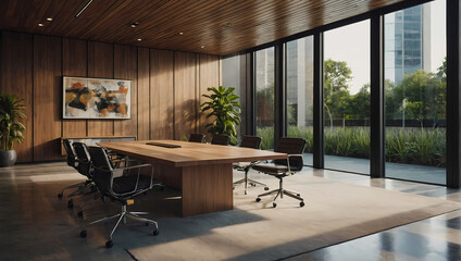 A contemporary meeting conference room in a modern office environment, showcasing wooden wall decor, beautiful office furniture, and a garden view framed by large window panes.