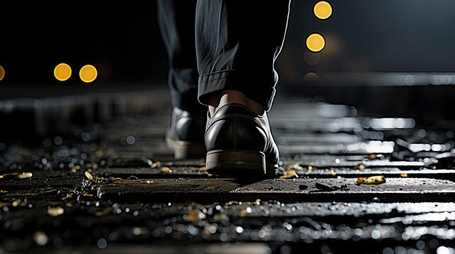 Close-up Of A Persons Feet Walking Down A Street