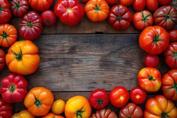 Top view of various kinds of tomatoes on a frame shape against a rustic wooden table. 