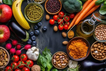 Vegan food background: Top view of various vegan ingredients like fresh carrots, radishes, cocoa beans, cherry tomatoes - Powered by Adobe