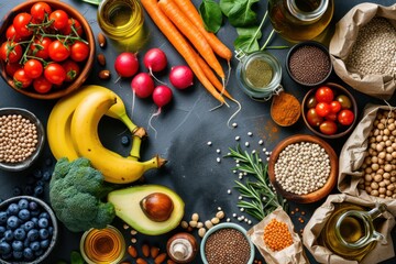 Vegan food background: Top view of various vegan ingredients like fresh carrots, radishes, cocoa...