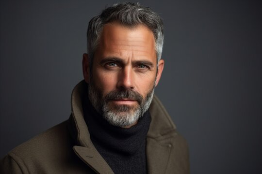 Portrait of a handsome middle-aged man with grey hair and beard. Men's beauty, fashion.