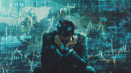 Business failure and unemployment problems from the economic crisis. Stressed businessman sits in panic digital stock market financial background. Stock market and global economic inflation recession - obrazy, fototapety, plakaty