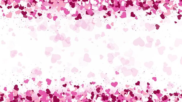 Red and pink flying hearts on white, Valentines Day loop animation background. Festive romantic frame with place for text.