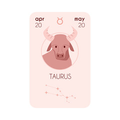 Astrological Horoscope card with Taurus zodiac constellation, birth date, sign symbol, bull's head, beige vector design