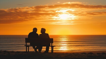 Fototapeta na wymiar Elderly Couple Together Enjoying Sunset on Beach Bench
