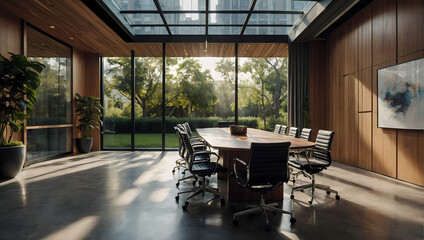 A contemporary meeting conference room in a modern office space, showcasing wooden walls, beautiful office furniture, and a serene garden visible through expansive window glass. - Powered by Adobe