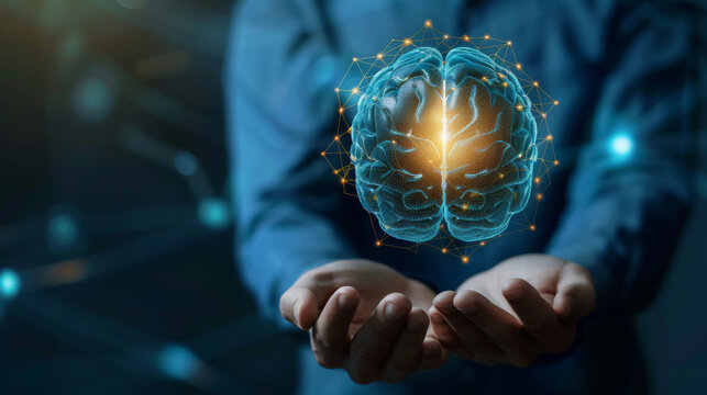 Businessman holding brain of artificial intelligence ai to apply in content creator or creative assistance by big data technology machine learning on natural language processing NLP