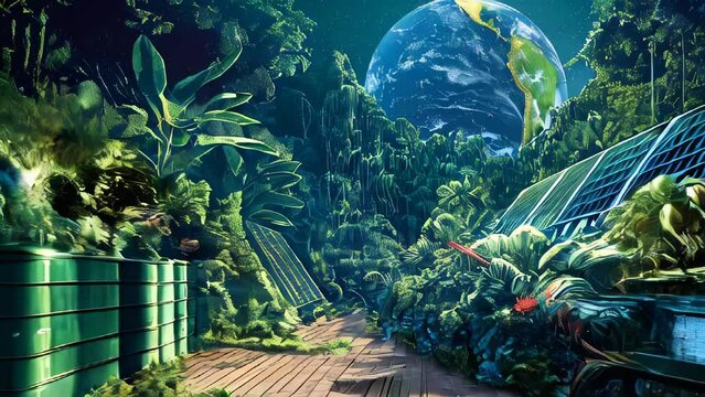 Landscape of a futuristic city enveloped in lush greenery, characterized by architecture utilizing clean energy and harmony with nature.
