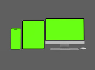 3D Render of smartphone tablet desktop with green screens on a dark background