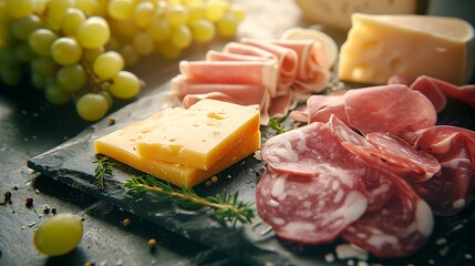 delicatessen cold cutting deli meat, cheese served with grapes. high quality, high resolution photo of charcuterie platter of gourmet salami, papperoni, etc 