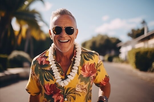 Portrait of smiling senior man with sunglasses on the street during summer vacation