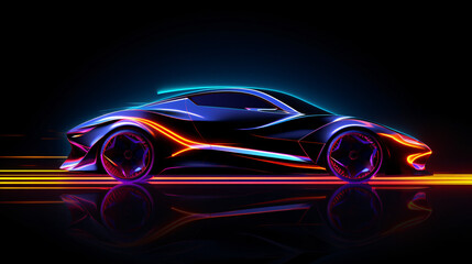 Side view neon glowing sports car silhouette.