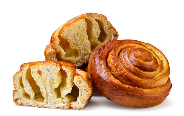 Bun roll and two halves on a white background. Isolated