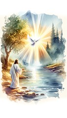 A watercolor scene depicting Jesus' baptism, with a dove descending in a beam of light. 