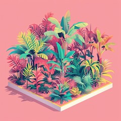 Flat Illustration of Isometric Garden Isolated on Pink Background