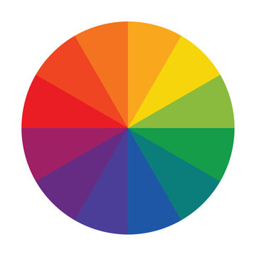 Twelve part RGB color wheel. Color wheel consists of red, blue, yellow, green, orange, and purple. color wheel image. Isolated vector design on a white background.