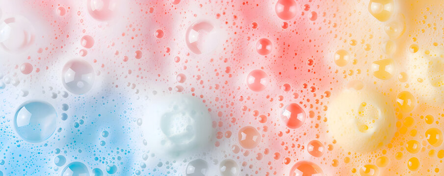 Close up with soap foam and bubbles made of shampoo, lotion, detergent. Macro photo of spume on colorful background. Banner with copy space for laundry, cleaning services, beauty, skin care concept   