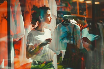 A young woman in a clothing store behind a panoramic glass showcase chooses her products and looks at the assortment and variety of choices, shopping - obrazy, fototapety, plakaty