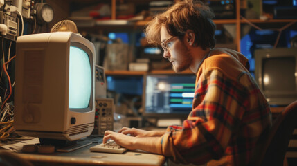 Caucasian Male Hardware Engineer Programming On Old Desktop Computer In Retro Garage. Experienced Software Developer Writing Code For New Innovative Operating System In Nineties