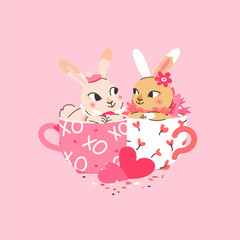 Sweet love bunny couple sitting in cup. Vector happy valentines day card. Rabbit character illustration