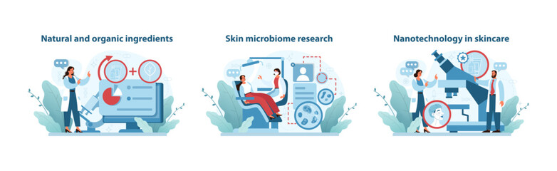 Skincare innovation triptych. Harnessing nature, exploring microbiome, employing nanotech. Pioneering healthy skincare science. Vector illustration.