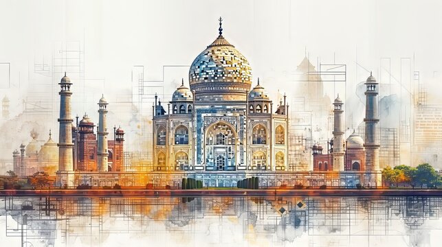 Taj Mahal in Agra, Uttar Pradesh, India.  double exposure contemporary style minimalist artwork collage illustration. Ai generative.