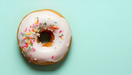 donut with sprinkles on mint green background. donut isolated on background with shadow. donut with white glazing and sprinkles