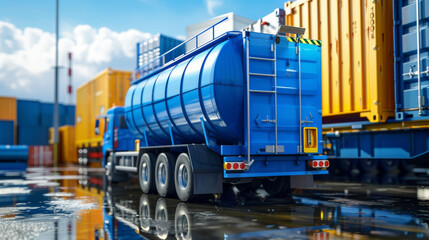 Chemical tank container. ISO tank container for chemical delivery. Bulk liquid transport. Chemical company. Container freight area. Global logistics business. Chemical container for truck transport