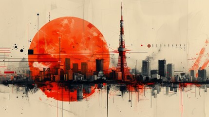 Tokyo Tower in Japan. double exposure contemporary style minimalist artwork collage illustration. Ai generative. - obrazy, fototapety, plakaty