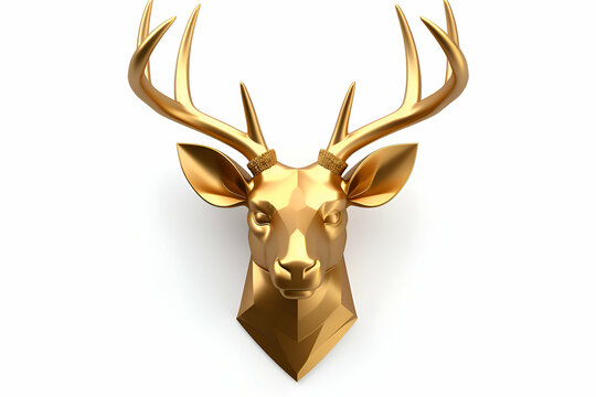 Golden deer head on a white background. 3d rendering. 3d illustration.