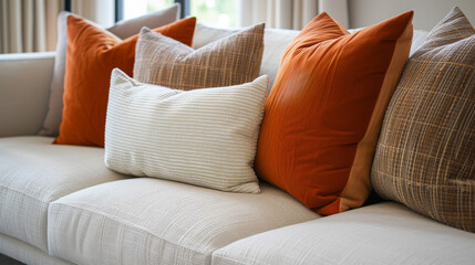 Close up of fabric sofa with white and terra cotta pillows. French country home interior design of modern living room
