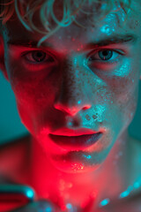 Young boy with vibrant red and blue lighting illuminating his face, AI-generated.